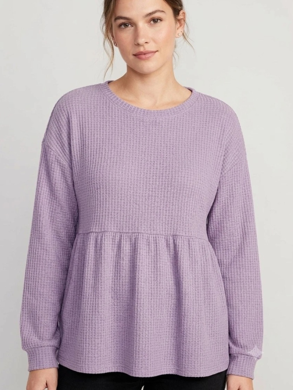 NWT Knox Rose Hazy Lilac Waffle Knit Long Sleeve Peplum Hem Top